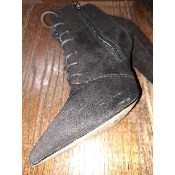 Size 7 ASOS Black Lace Up Zip Chunky High Heel Ankle Boots Booties Pointed Toe - Picture 9 of 10